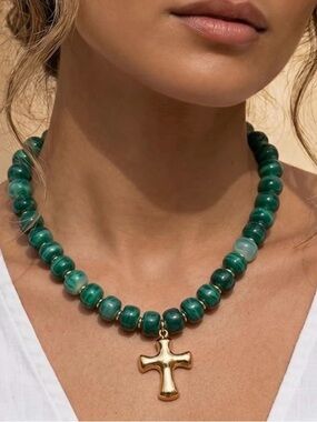 Gold Cross Pendant Necklace with Green milky Resin Beads